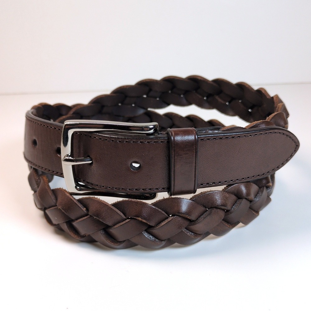 Coach Braided Brown Leather Belt w/ Logo Silver Buckle Woven F90284 38in